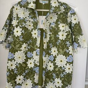 Floral Embroidered YITAI guipure embroidery Green Shirt